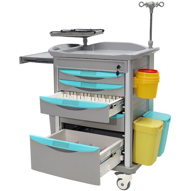 MN-EC004 Hospital Furniture Medical Trolley Emergency Trolley With Hidden Height Adjustable IV pole