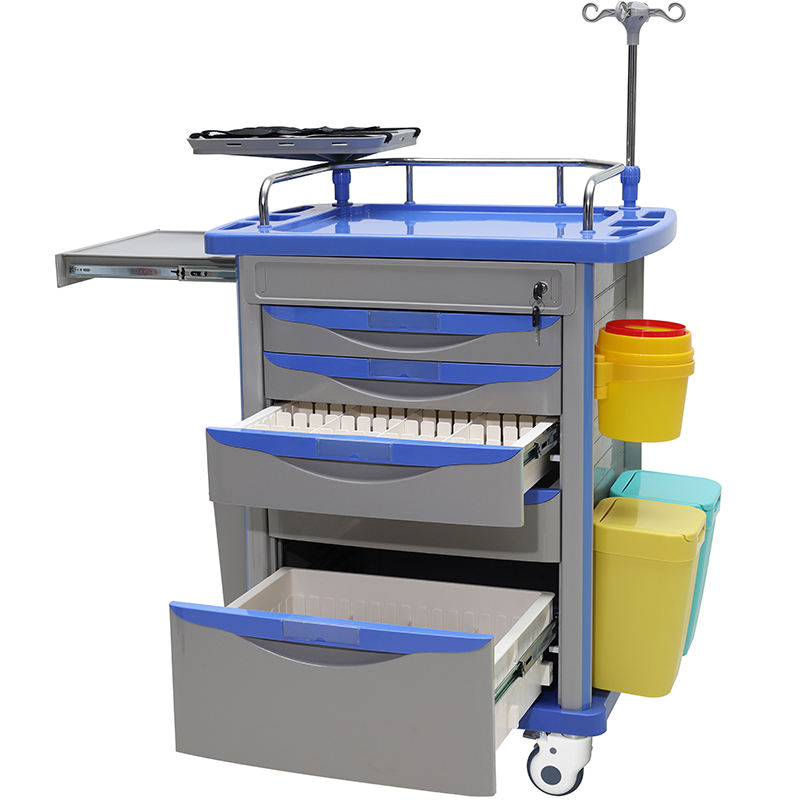MN-EC001 Hospital Furniture ABS Emergency Trolley Cart with IV pole